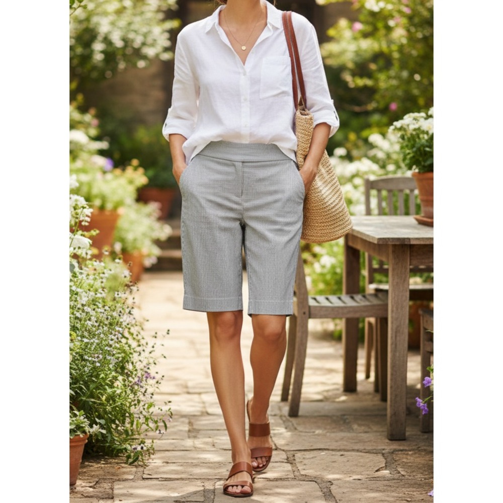 Hilary Radley M Bermuda Shorts Blue Gray‎ Pinstripe Casual Beach Coastal Comfy